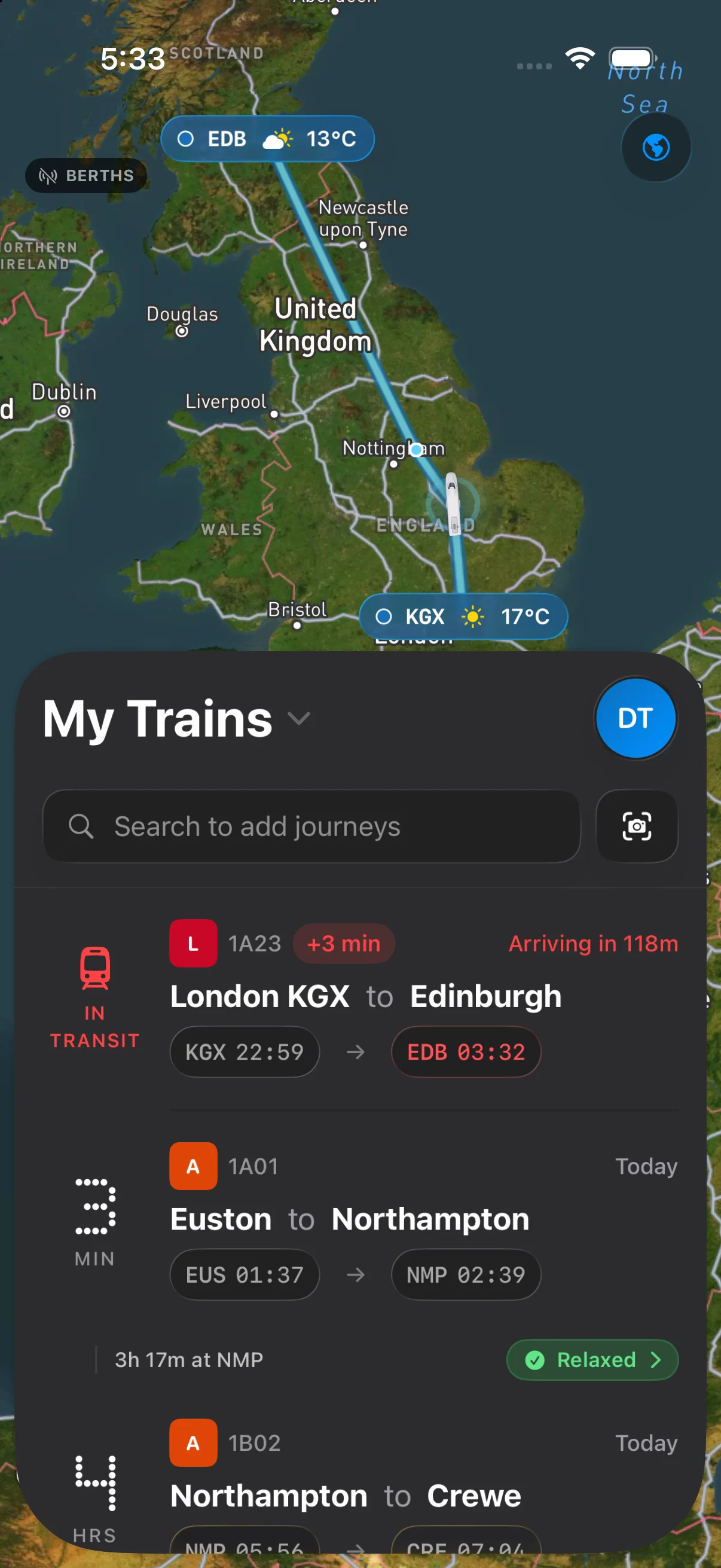 Conductor My Trains list showing live status for several journeys