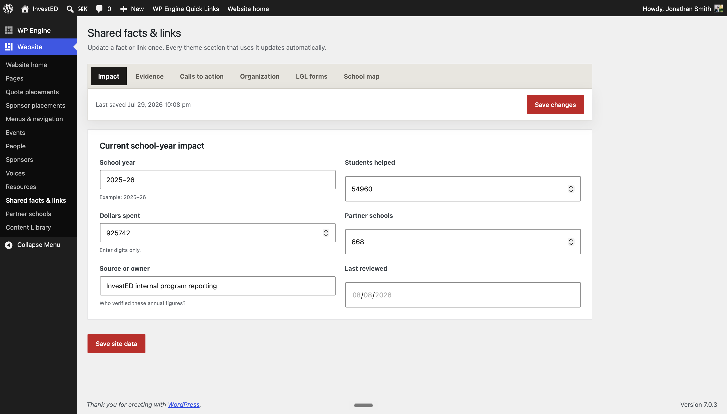The InvestED shared impact data editor in production WordPress
