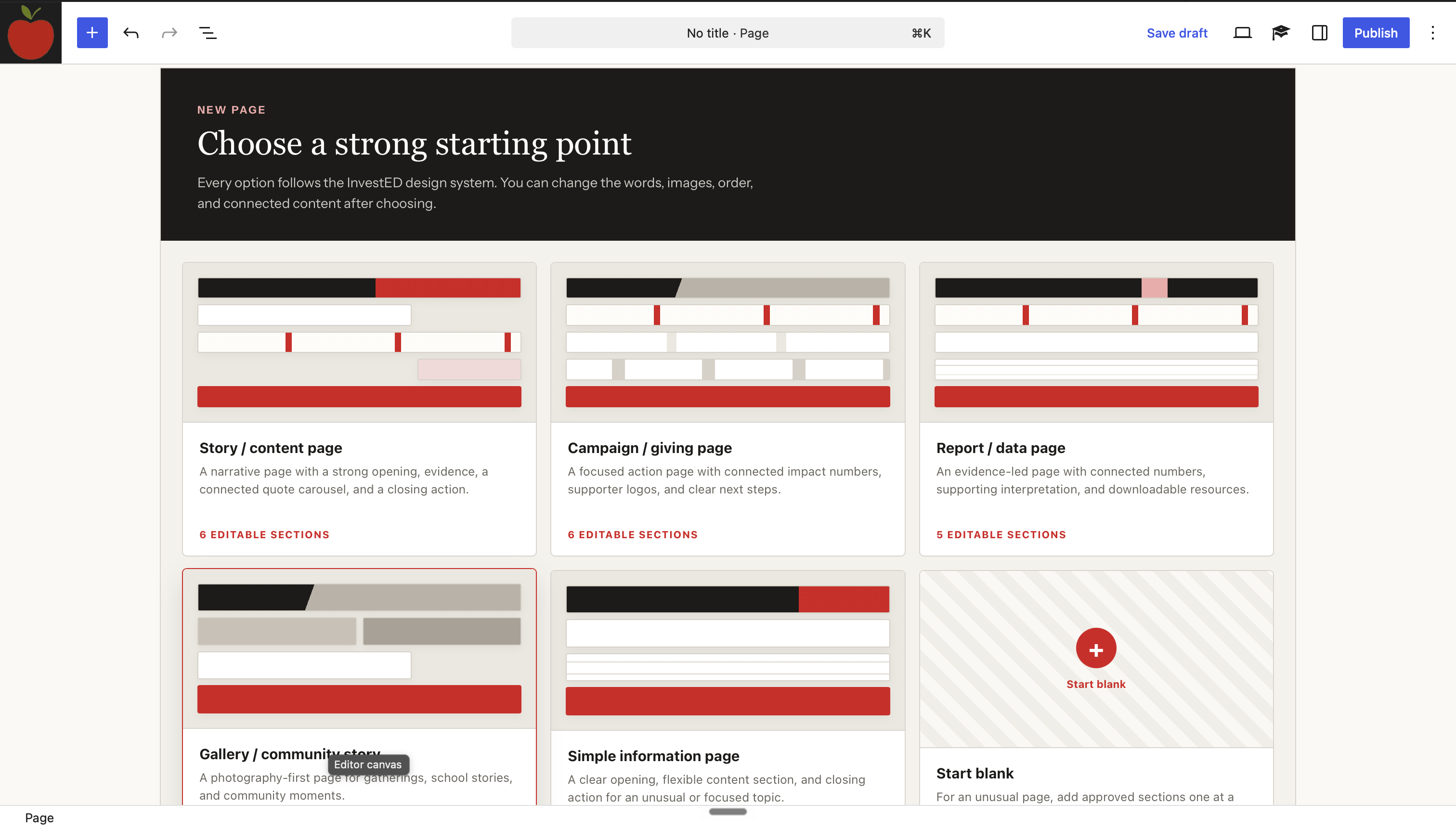 The InvestED page template chooser inside the production WordPress editor
