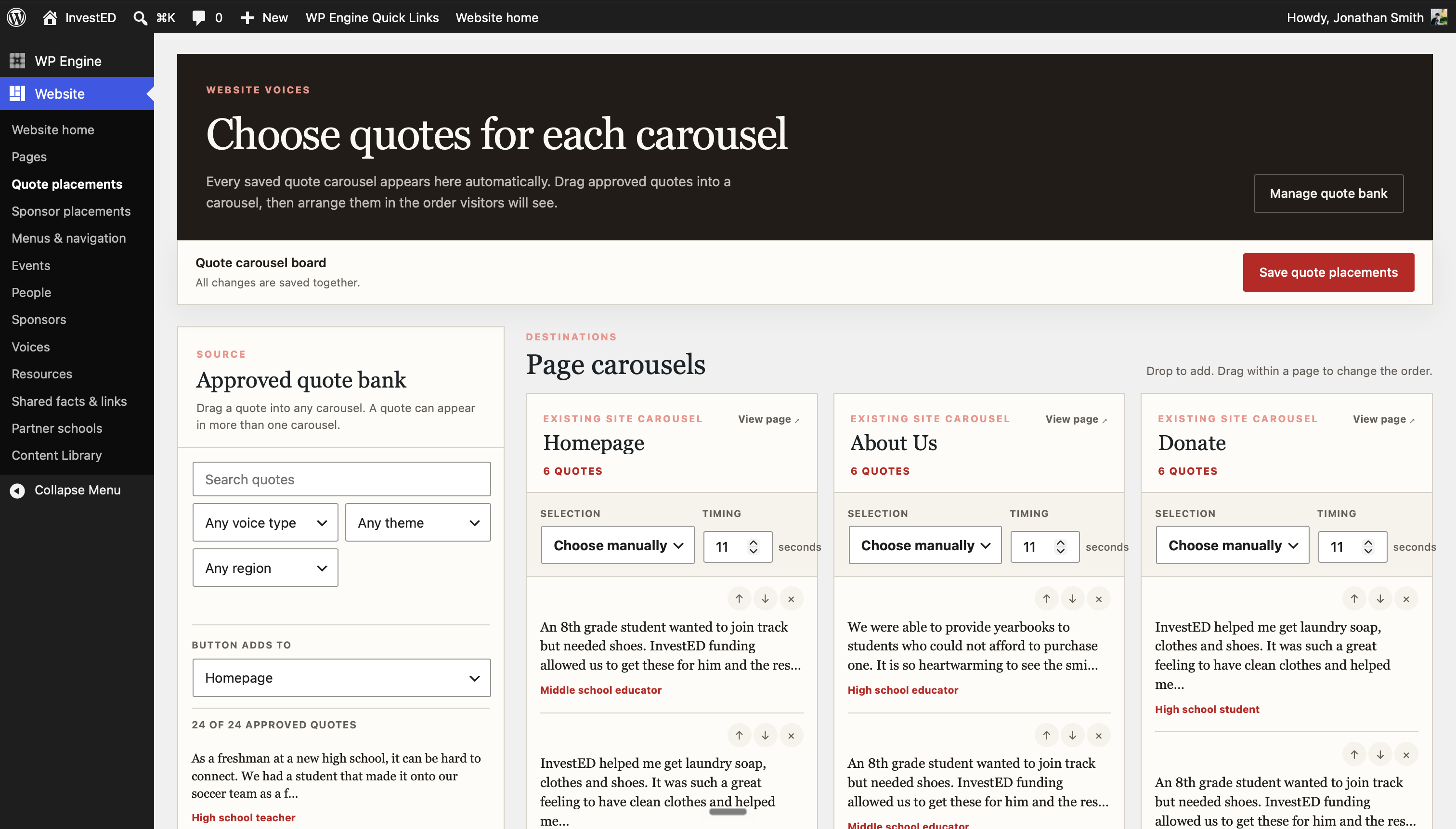 The InvestED quote carousel board in the production WordPress dashboard