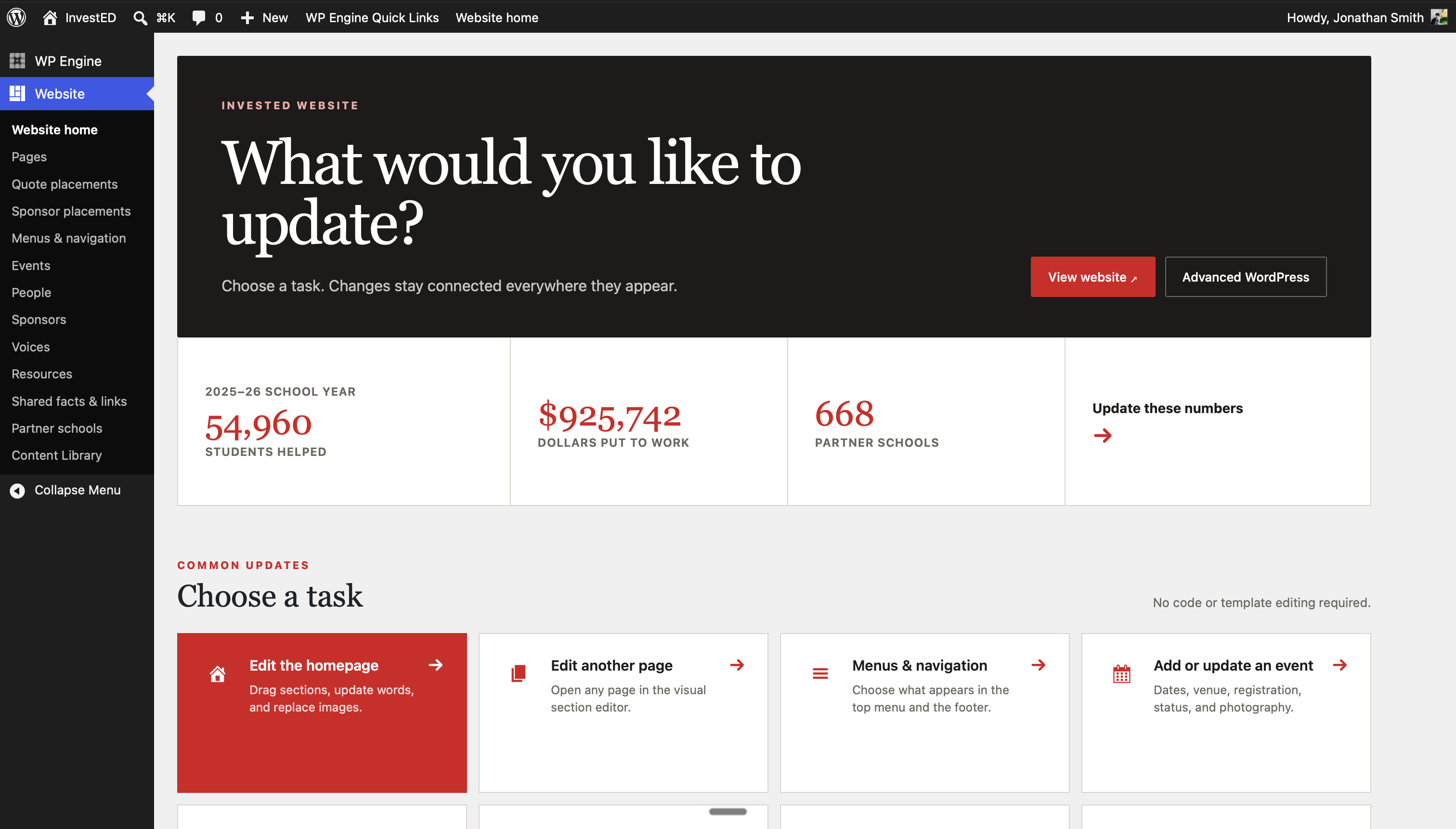 The production InvestED WordPress staff dashboard with current impact figures and plain-language editing tasks
